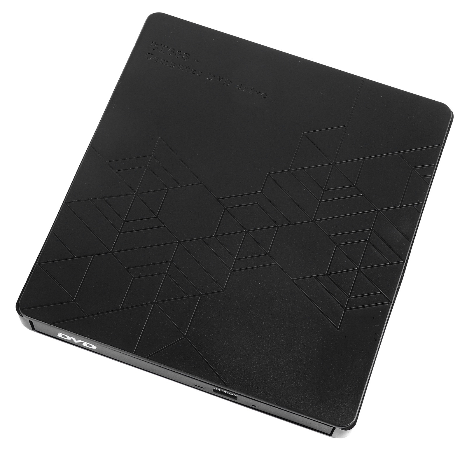Schwarzes Computer-DVD-Laufwerk. Hat ein geometrisches Muster auf der Oberseite. 'DVD' und 'IN/OUT' sind beschriftet.