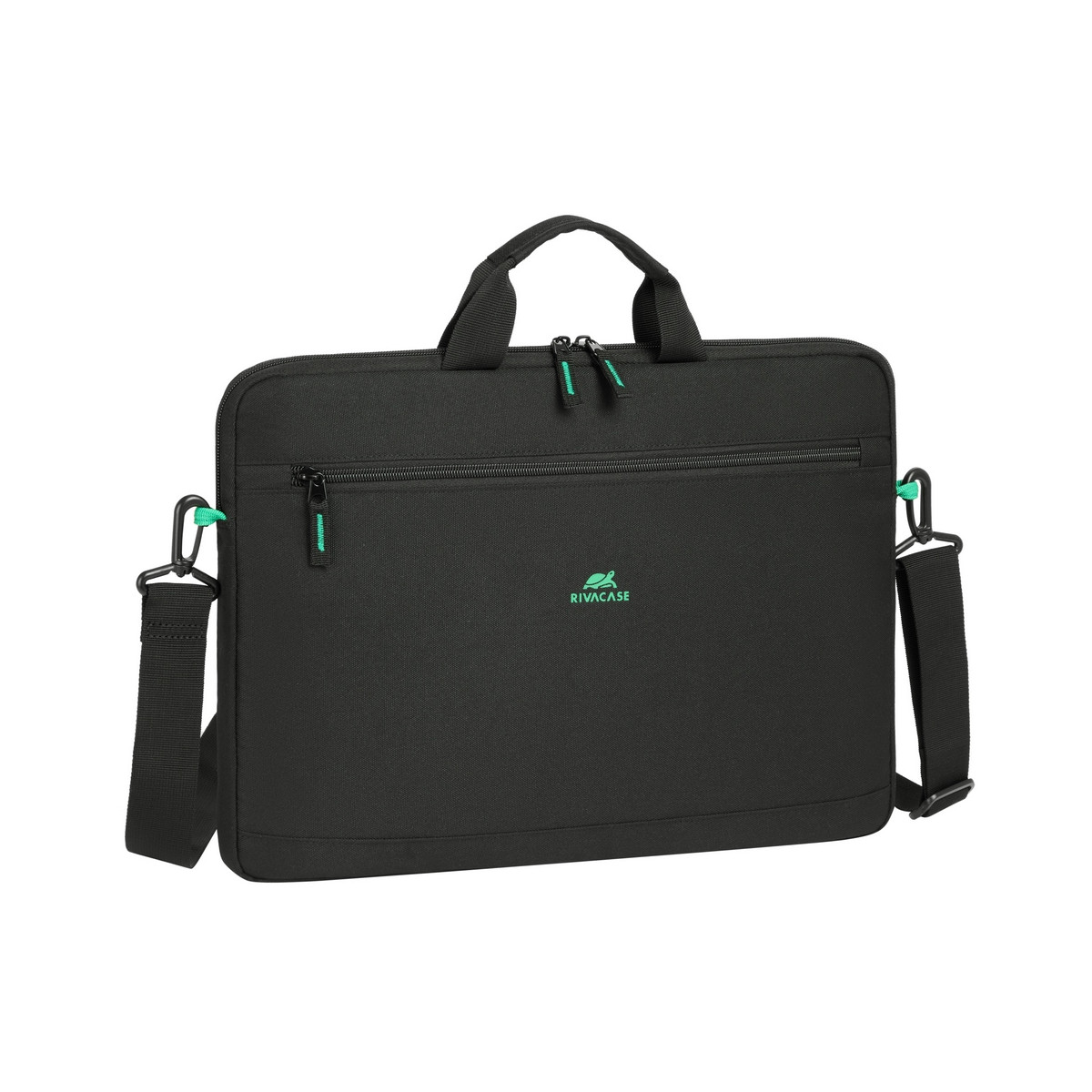 Borsa per laptop Rivacase nera con manico, tracolla e cerniere verdi. Il logo Rivacase è visibile sulla parte anteriore.