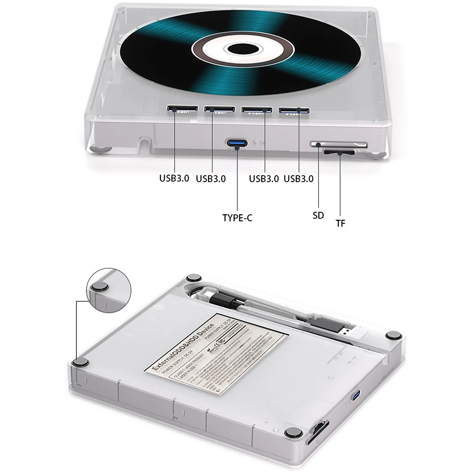 Transparente externe Festplatte mit CD oben. Enthält USB-Anschlüsse, einen Typ-C-Anschluss und SD/TF-Kartensteckplätze.
