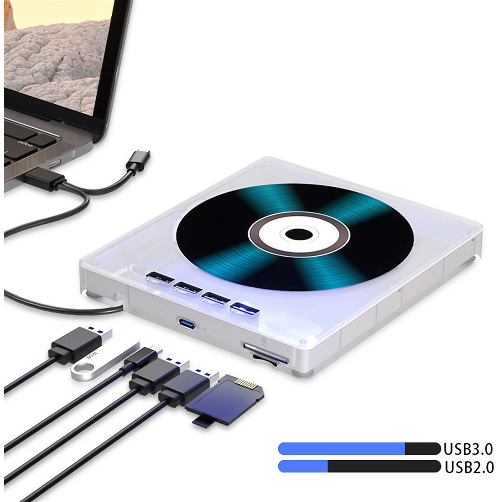 Ein Laptop, der mit einem transparenten Gerät mit CD, USB-Anschlüssen und verschiedenen angeschlossenen Kabeln verbunden ist.