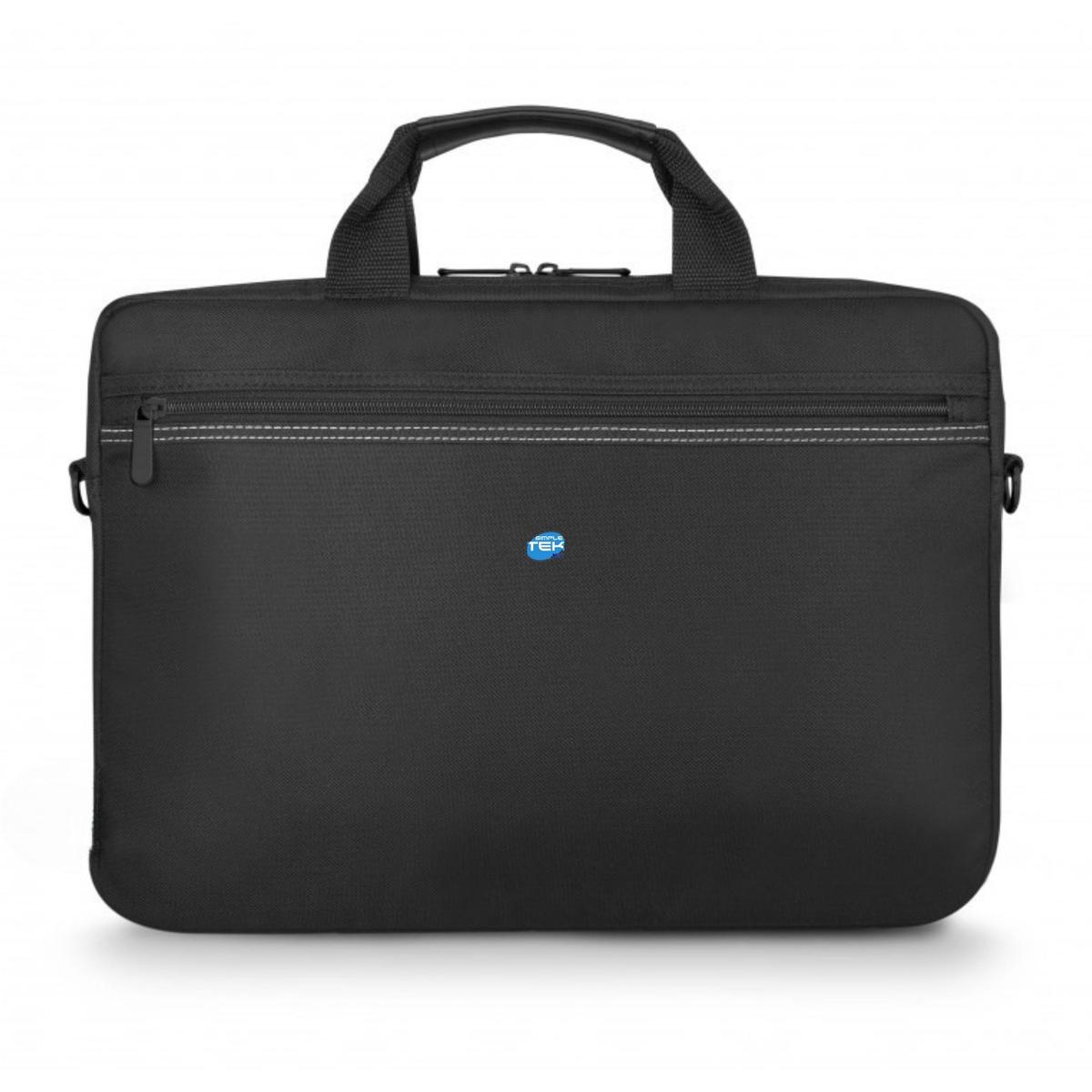 Una borsa nera per laptop con manico. Ha una cerniera e un logo che dice 'simple TEK'.