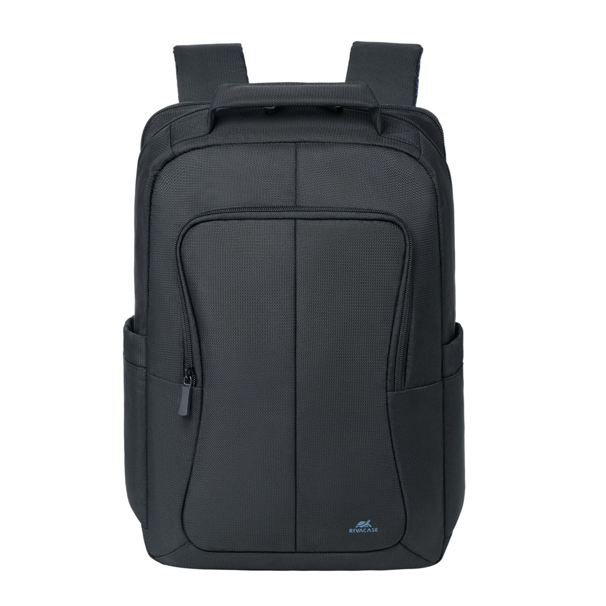 Ein schwarzer Rucksack mit Griff und Schultergurten. Er hat eine Fronttasche mit Reißverschluss und ein kleines Logo.