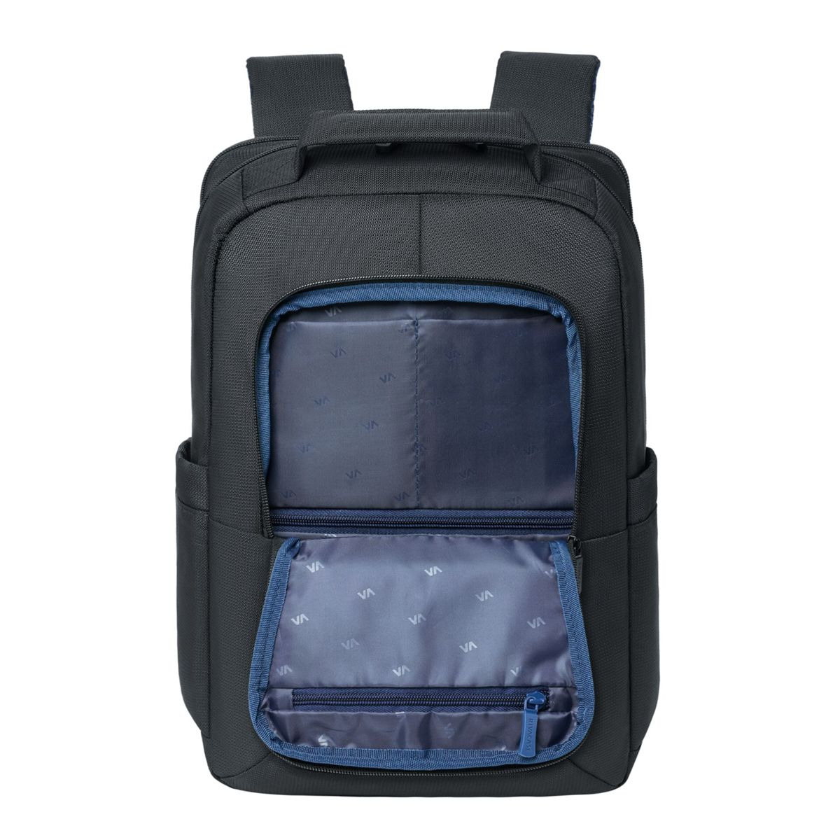 Ein schwarzer Rucksack mit offener Fronttasche, die ein blaues Innenleben zeigt. Der Rucksack hat Schultergurte und einen oberen Griff.