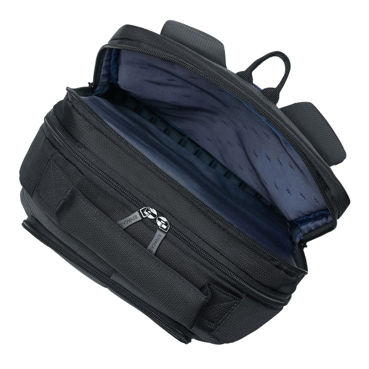 Schwarze offene Aktentasche mit Griff. Reißverschlüsse sind sichtbar. Die Innenseite ist marineblau. Die Tasche befindet sich auf weißem Hintergrund.