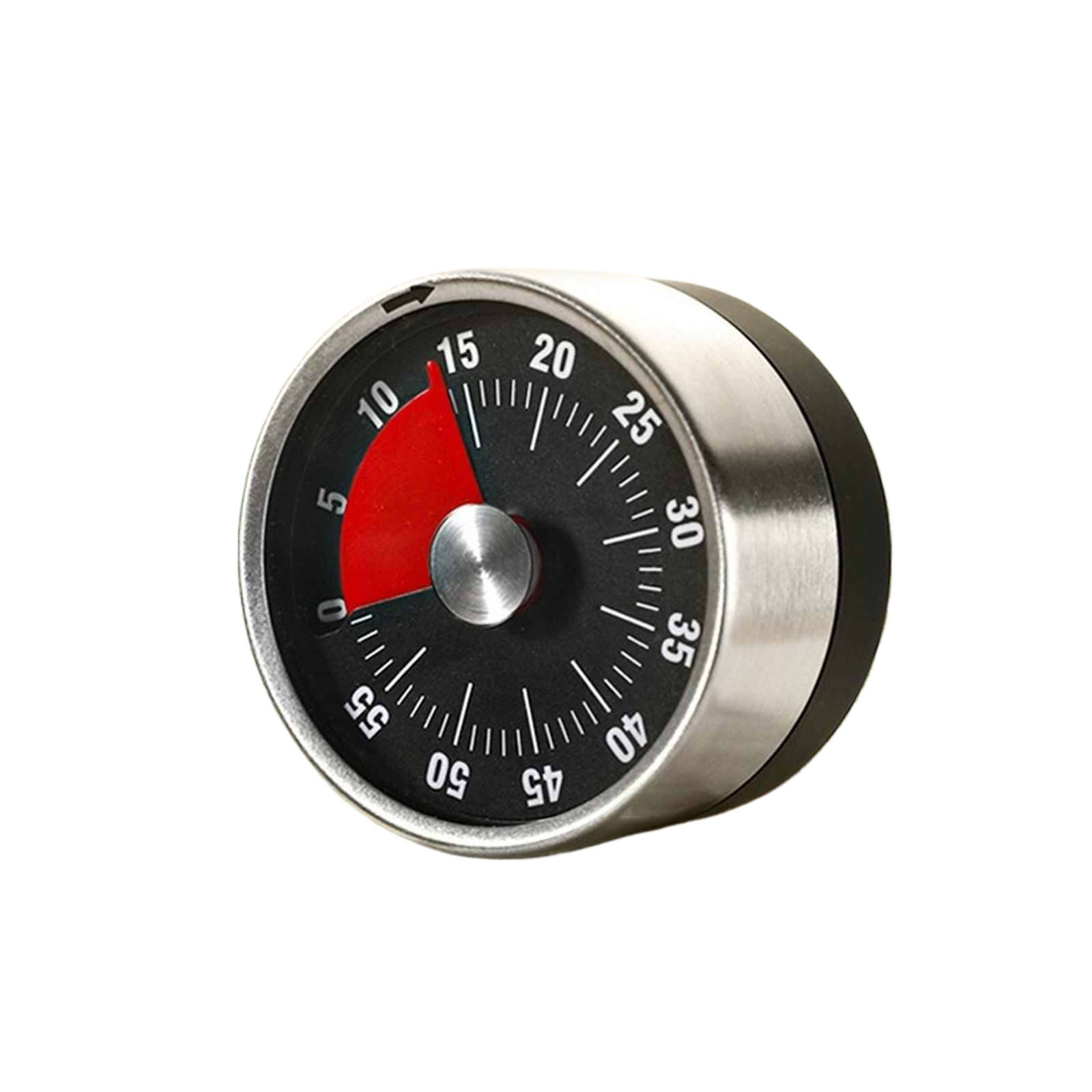 Ein Küchentimer mit schwarzem Zifferblatt, weißen Zahlen und einem roten Segment, das die verbleibende Zeit anzeigt.