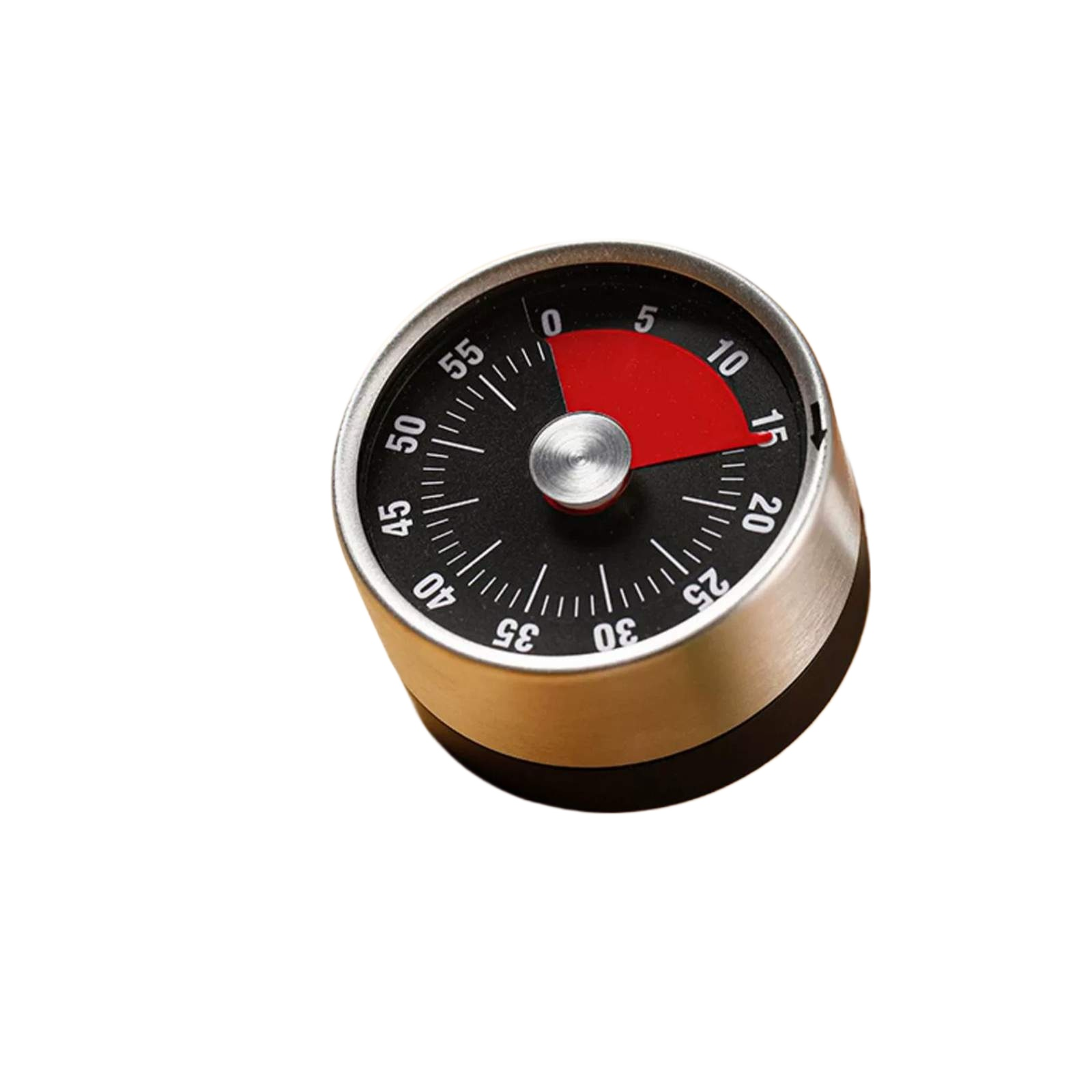 Ein Küchentimer mit schwarzem Zifferblatt, weißen Markierungen, einem roten Segment und einem silbernen Metallgehäuse.