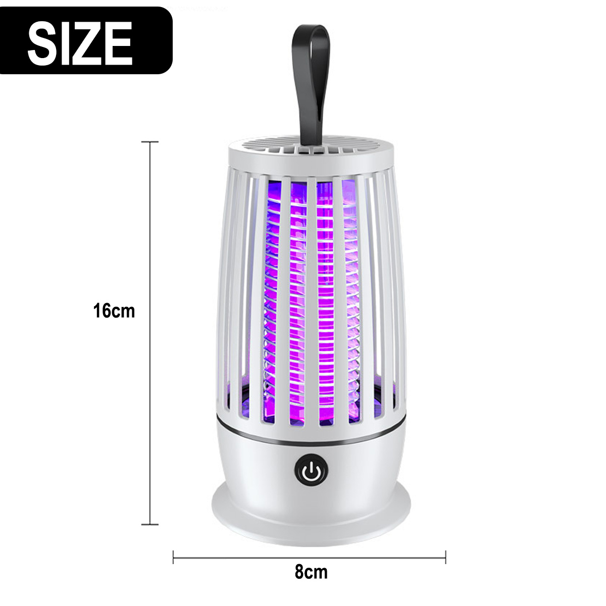 Ein weißer Insektenvernichter mit Griff. Es hat ein lila Licht im Inneren und einen Ein- / Ausschalter. Die Abmessungen sind mit 16 cm Höhe und 8 cm Breite angegeben.