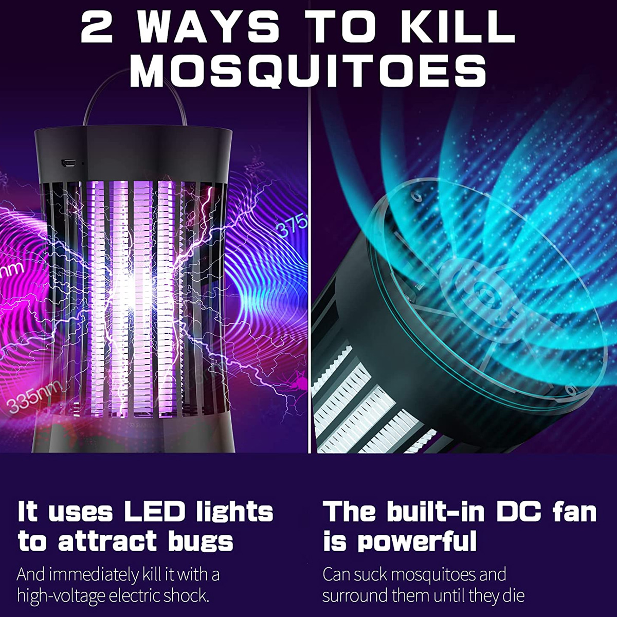 Das Bild zeigt einen Moskitokiller mit zwei Methoden: LED-Lichtern und einem DC-Lüfter. Text hebt diese Funktionen hervor.
