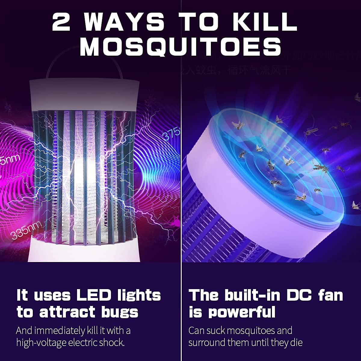 Das Bild zeigt zwei Möglichkeiten, Mücken zu töten: LED-Lichtfalle und DC-Lüfter. Text erklärt Funktionen und Tötungsmechanismen.