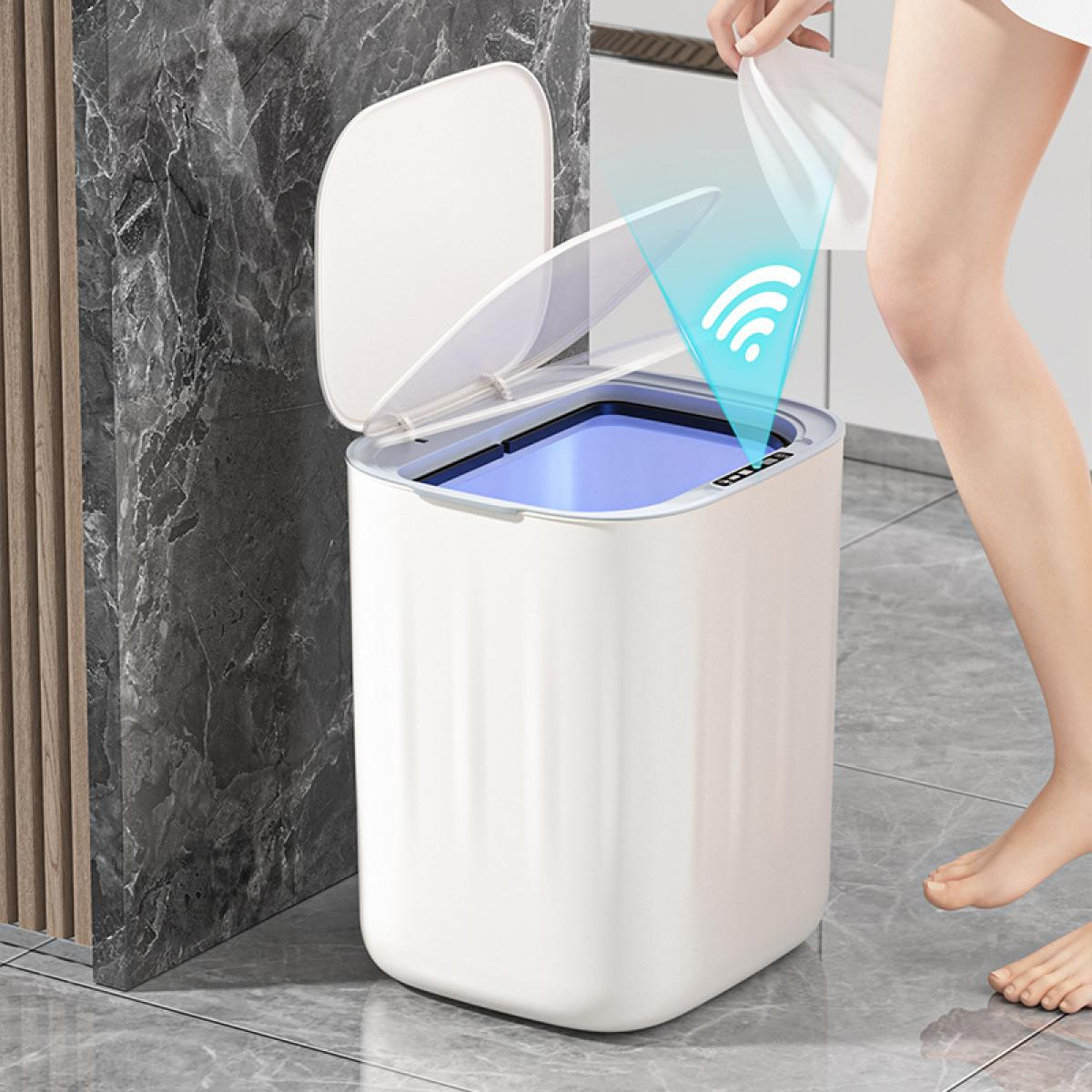 Ein weißer Mülleimer mit offenem Deckel. Eine Person hält ein Taschentuch darüber. Ein WLAN-Symbol wird hervorgehoben.