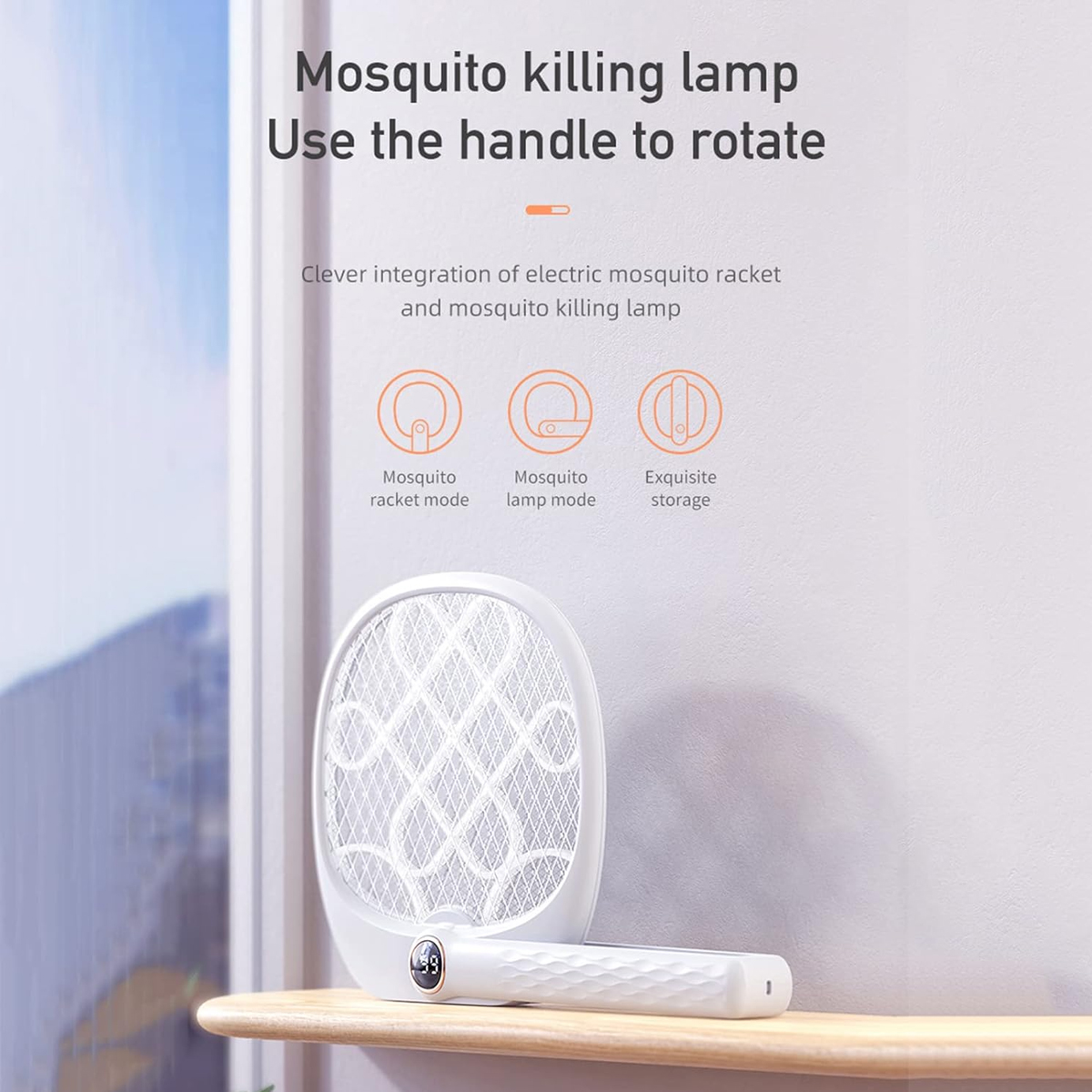 Eine weiße Mückenvernichtungslampe steht auf einer Holzoberfläche. Text weist auf Merkmale wie Modi hin. Die Lampe hat einen Griff.