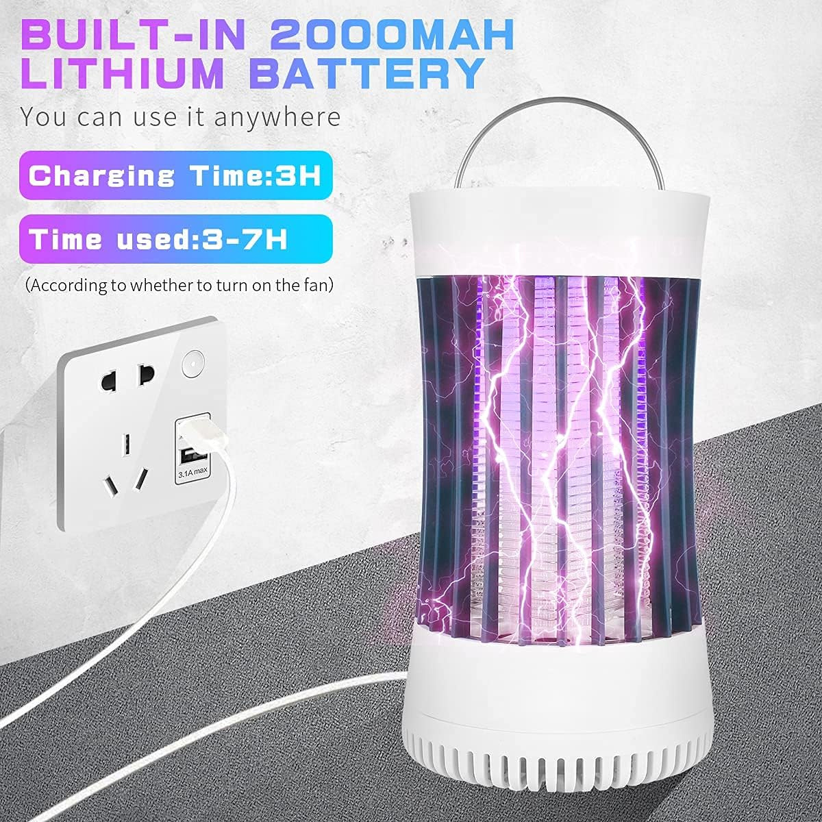 Ein elektrischer Insektenvernichter mit violettem Licht, einem weißen Ladegerät und Text zu Akkulaufzeit und Ladezeit.