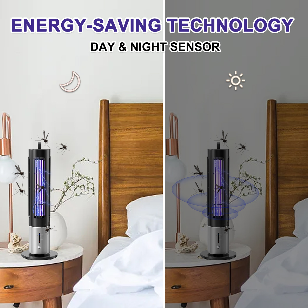 Ein energiesparender Mückenvernichter in einem Schlafzimmer. Das Bild zeigt das Gerät mit einem Tag- und Nachtsensor und Mond- und Sonnensymbol.