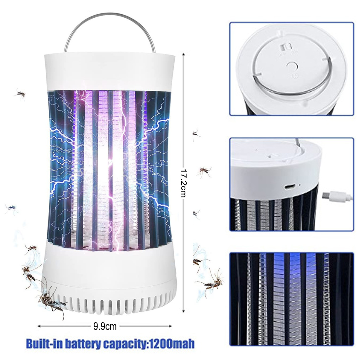 Ein weißer und schwarzer Mückenvernichter mit Griff. Er hat eine Batteriekapazität von 1200 mAh. Mehrere Mücken sind in der Nähe des Geräts abgebildet.