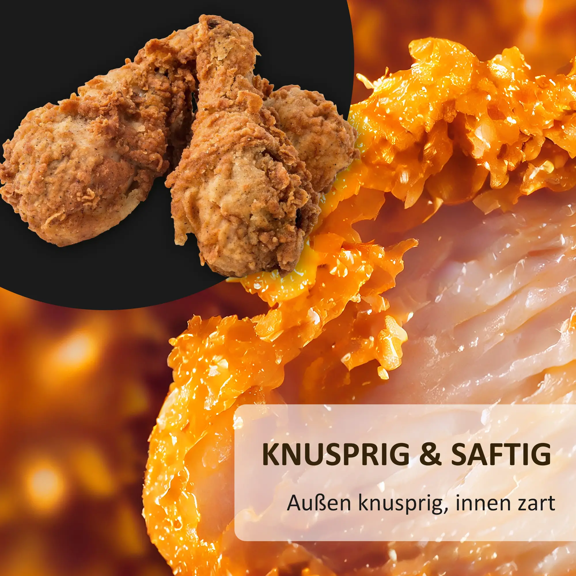 Zwei knusprige, gebratene Hähnchenschenkel auf Schwarz, mit Nahaufnahme der Kruste und des saftigen Fleisches. Oranger Hintergrund.