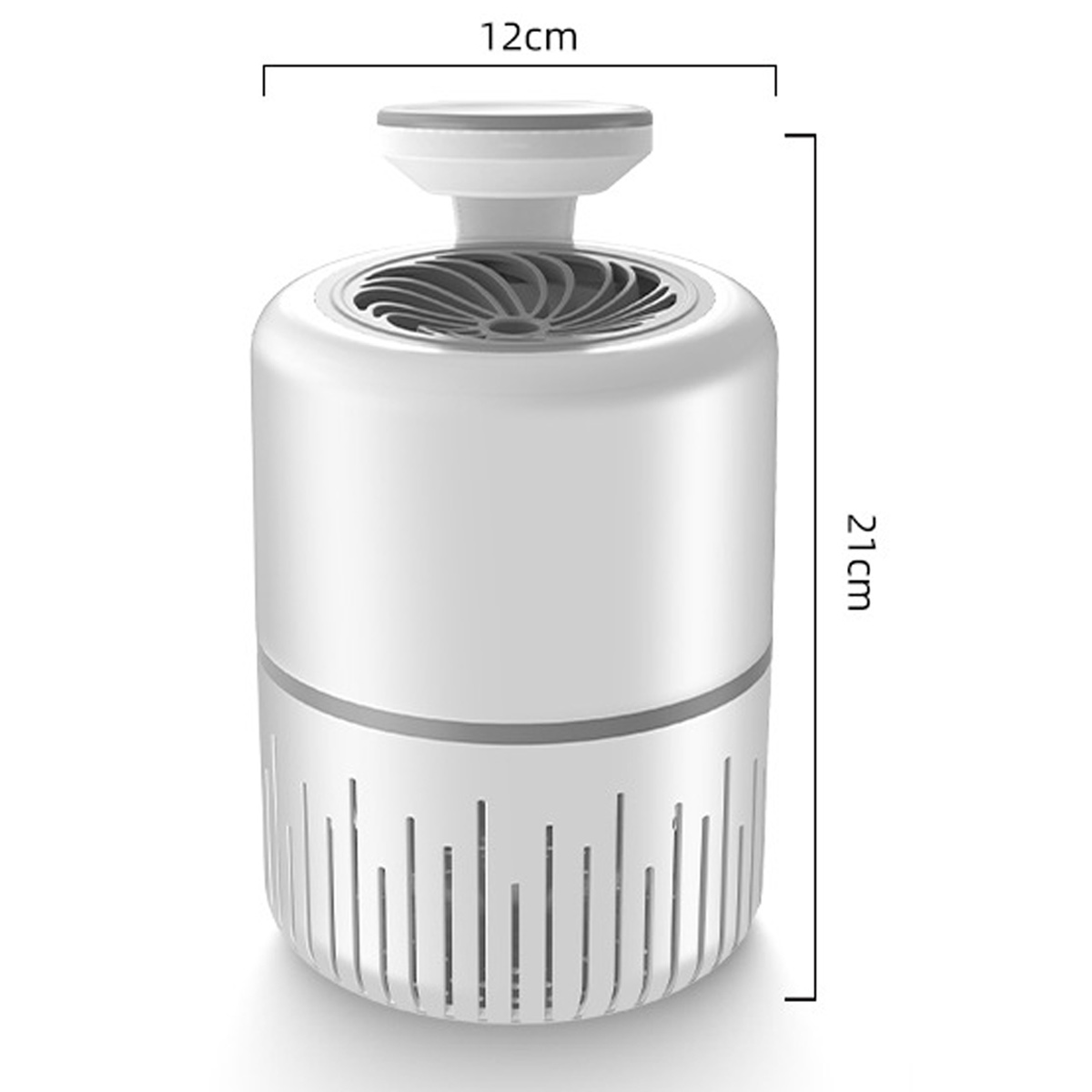 Ein weißer zylindrischer Mückenvernichter. Er hat eine Breite von 12 cm und eine Höhe von 21 cm. Er hat einen Ventilator und ein Gitter.