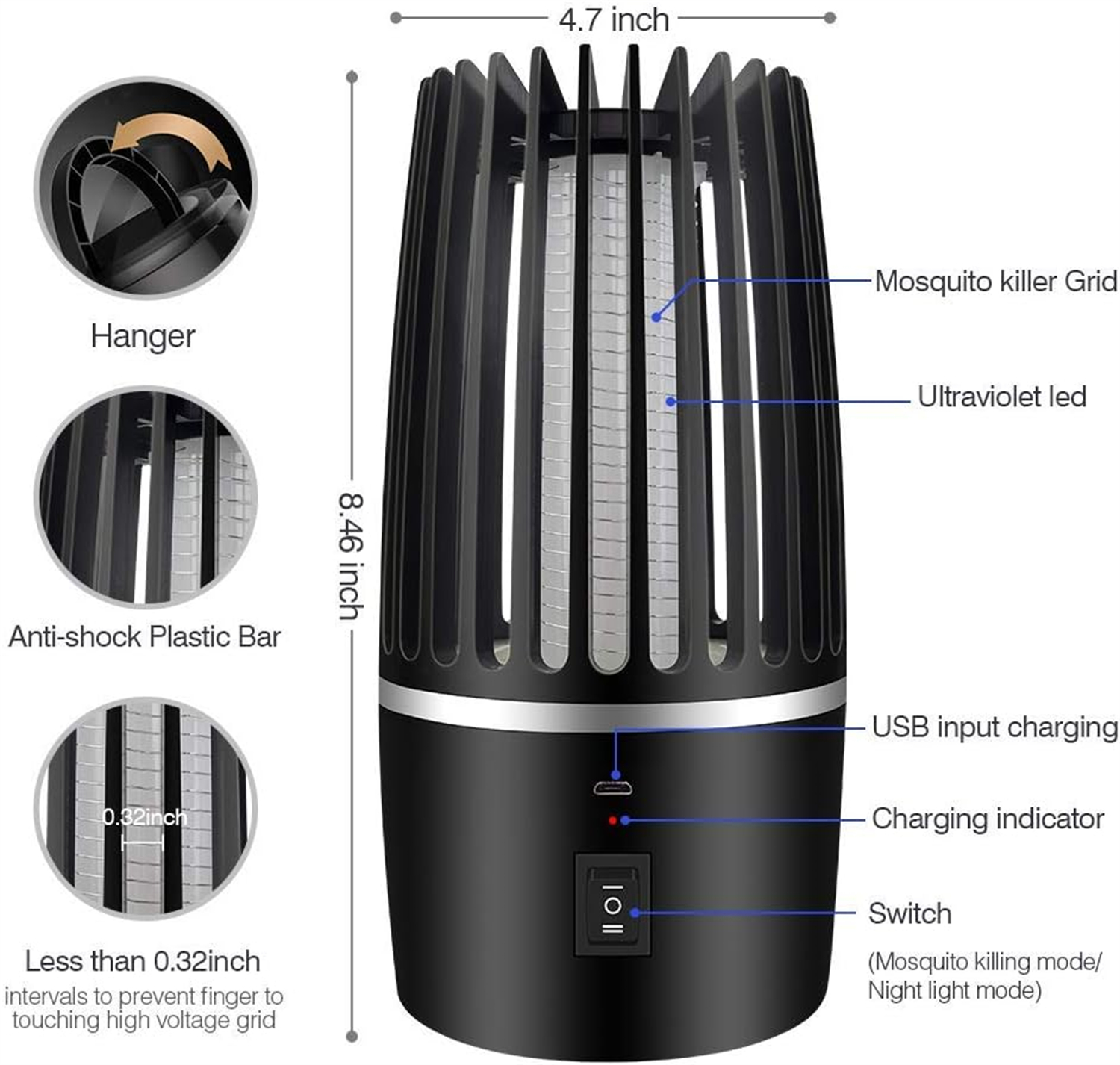 Ein schwarzer Mückentöter mit zylindrischer Form. Er hat einen Aufhänger, Anti-Schock-Stäbe und einen Schalter für verschiedene Modi. Details umfassen USB-Aufladung.