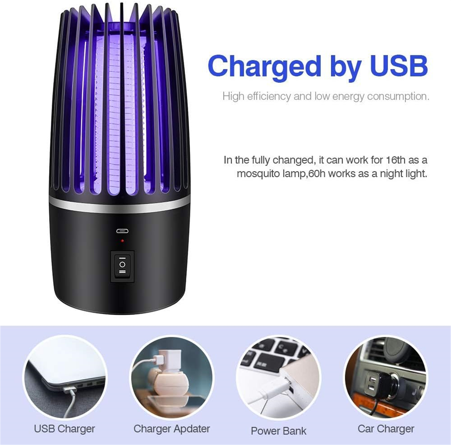 Eine schwarze USB-Mückenlampe mit violettem Licht. Text besagt, dass sie per USB aufgeladen werden kann und als Nachtlicht dient.