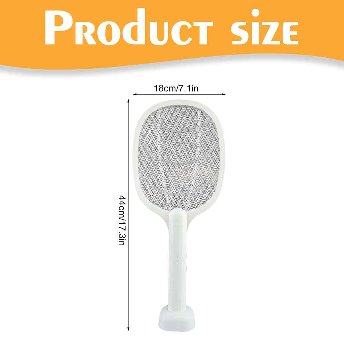 Ein weißer elektrischer Fliegenfänger, Abmessungen: 44 cm/17,3 Zoll Länge, 18 cm/7,1 Zoll Breite. Produkttitel in Orange.