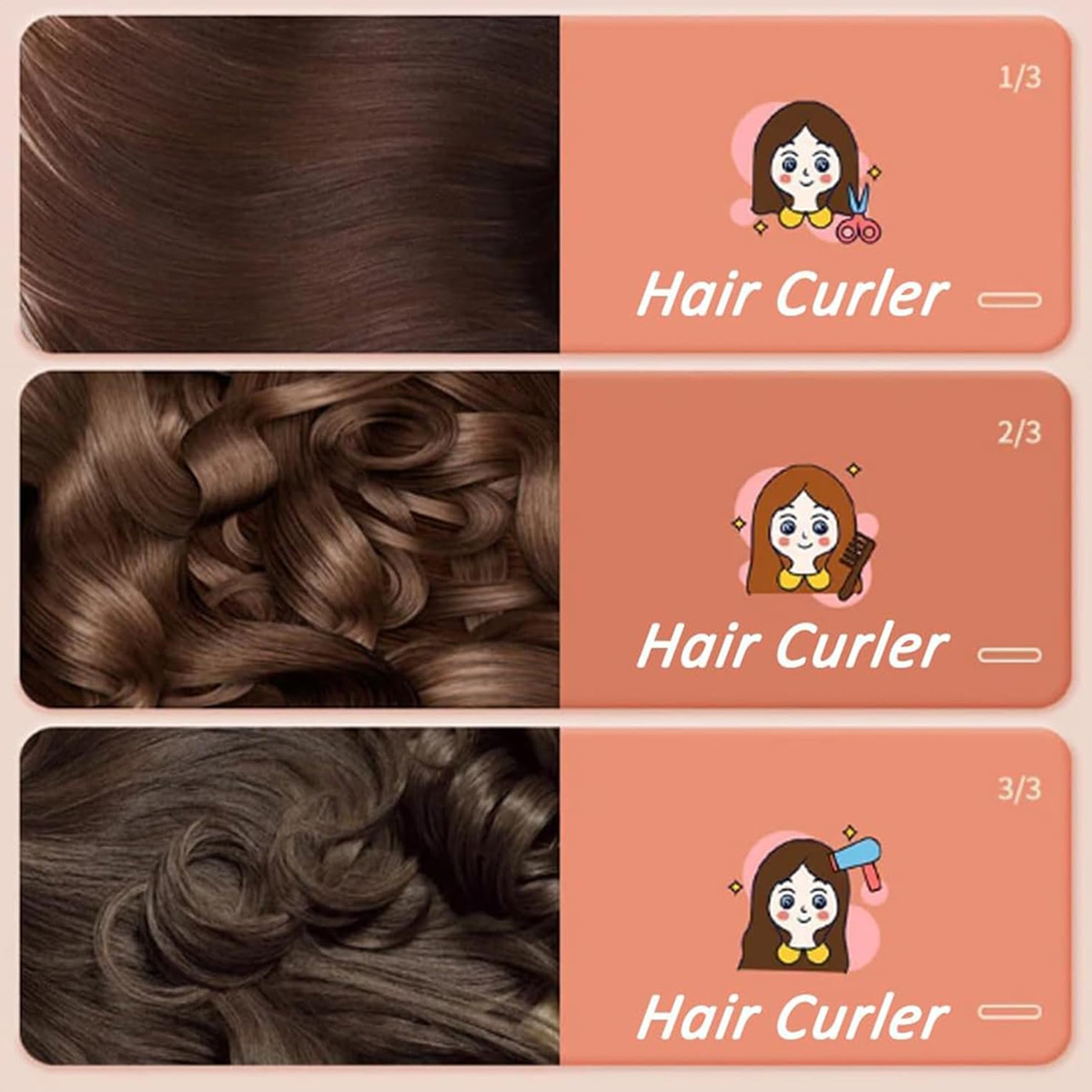 Haarglätter-Anleitung mit glattem, lockigem und welligem braunem Haar. Jeder Schritt zeigt einen Cartoon und die Worte 'Haarglätter'.