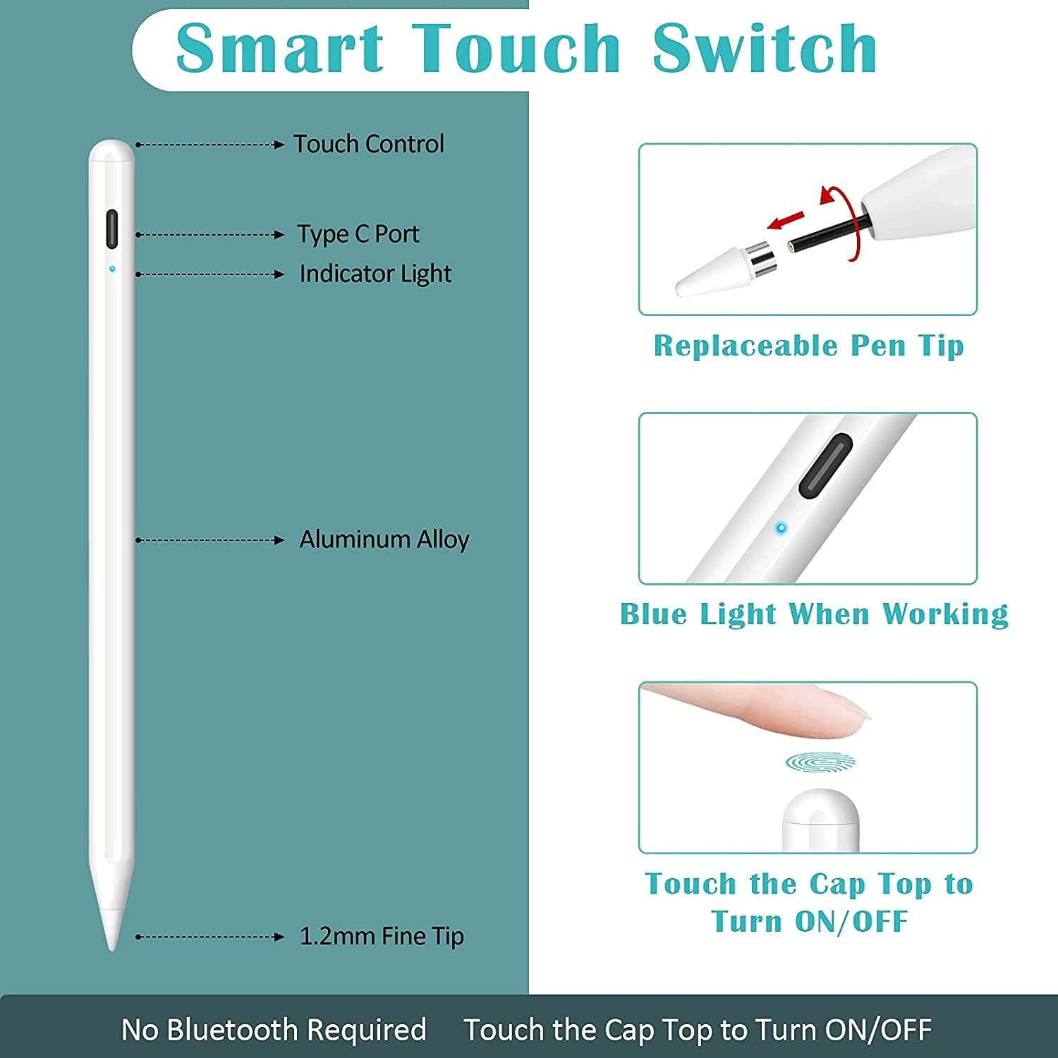 Ein weißer Stift mit Funktionen: Touch-Steuerung, Typ-C-Anschluss, Kontrollleuchte, Aluminiumlegierung und 1,2-mm-Feinspitze. Auch austauschbare Stiftspitze.