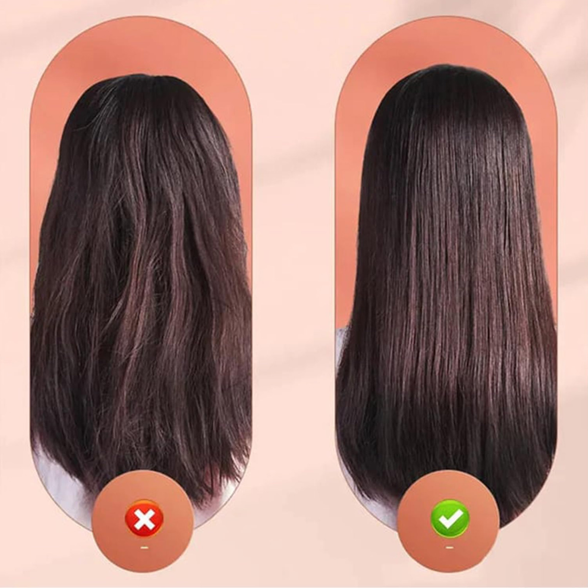 Vergleich von Haaren vor und nach der Behandlung. Links: krauses Haar, rotes X. Rechts: glattes, glattes Haar, grünes Häkchen.