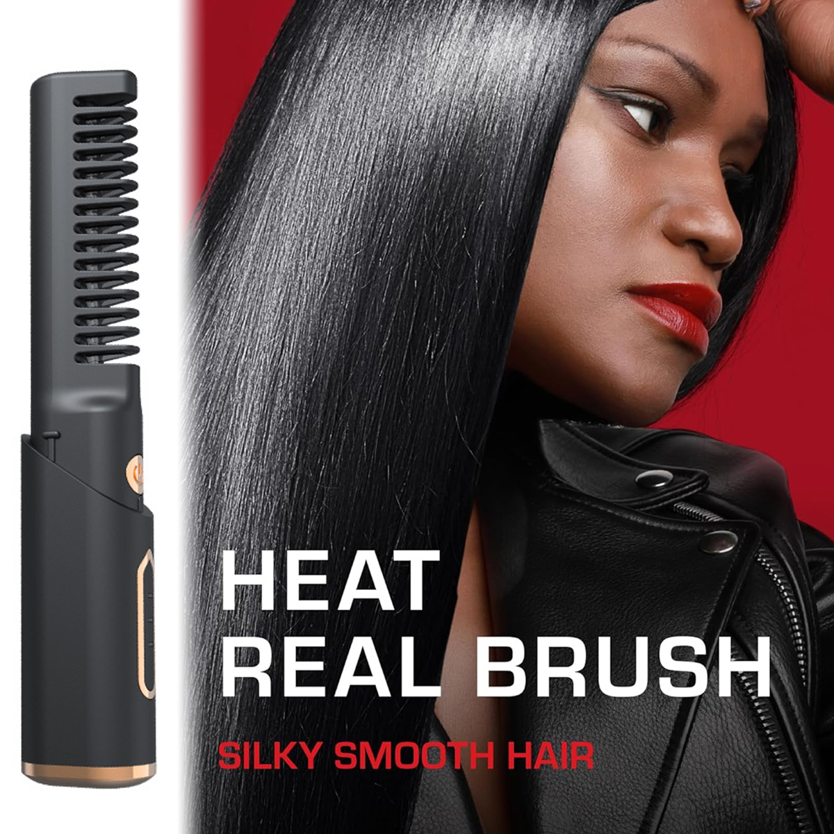 Eine Frau mit glattem, schwarzem Haar und rotem Lippenstift, eine Haarglättungsbürste und der Text 'HEAT REAL BRUSH'.