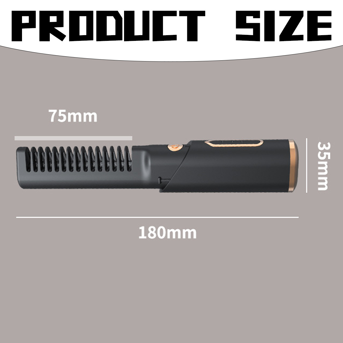 Ein schwarzes Haarstyling-Werkzeug mit Kammzähnen und einem goldfarbenen Griff, Maßangaben: 180 mm, 75 mm und 35 mm, vor grauem Hintergrund.