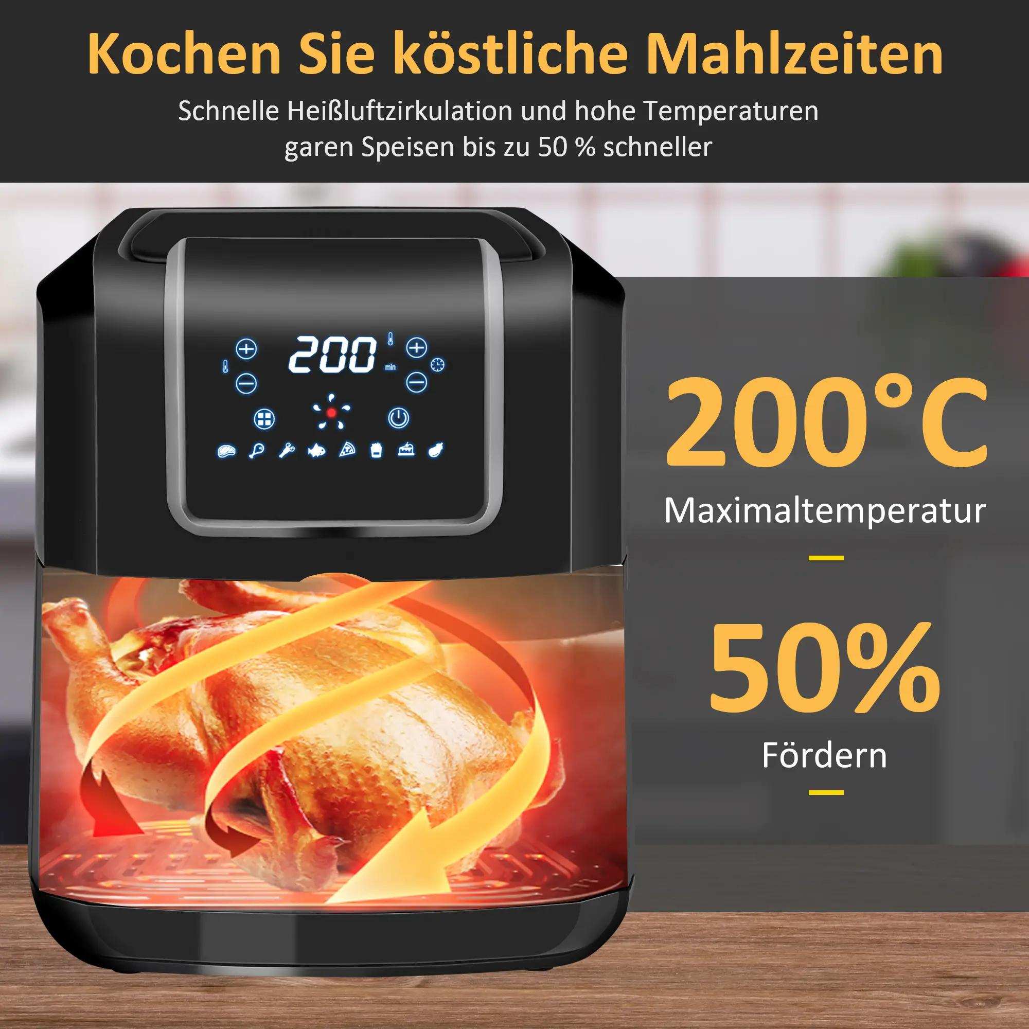Ein Airfryer zeigt ein gekochtes Hähnchen im Inneren, mit einem Digitaldisplay, das 200 Grad anzeigt. Text: Köstliche Mahlzeiten kochen.