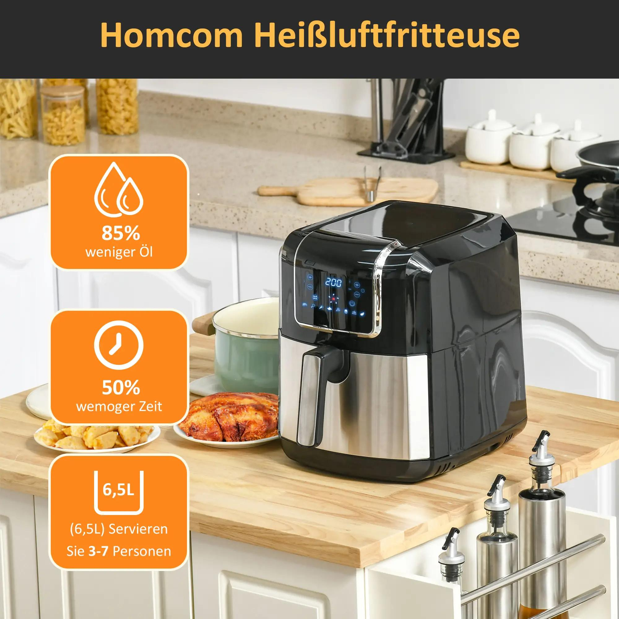 Eine Heißluftfritteuse auf einer Theke mit Essen in der Nähe. Orangefarbene Symbole zeigen Öl- und Zeitreduzierung.