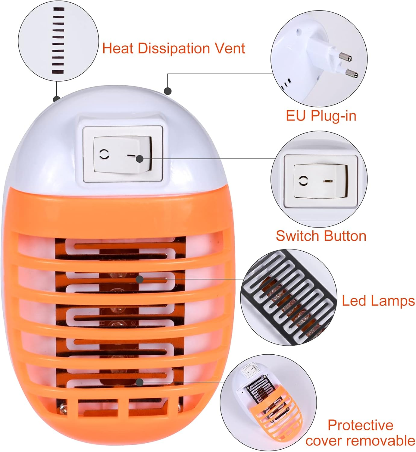 Ein orange-weißes Moskitokiller mit Schalter, EU-Stecker und Wärmeableitung. Es hat LED-Lampen und eine abnehmbare Abdeckung.