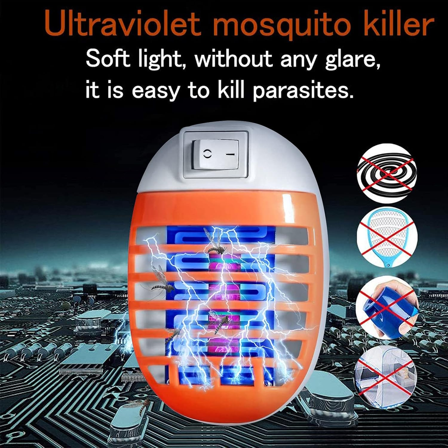 Ein orangefarbener und weißer UV-Mückenvernichter. Es hat einen Ein-/Ausschalter und ist von Blitzen umgeben. Der Text sagt, dass es Parasiten tötet.