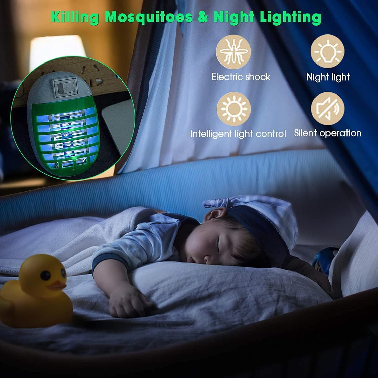 Ein Baby schläft im Kinderbett. Ein Moskitokiller und Licht sind in der Nähe. Eine gelbe Ente sitzt im Vordergrund.