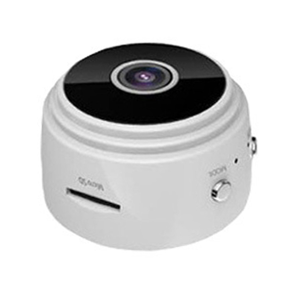Eine kleine, weiße, runde Überwachungskamera mit schwarzer Oberseite und Objektiv. Sie hat eine Modustaste, einen Micro-SD-Steckplatz und kleine Anschlüsse.