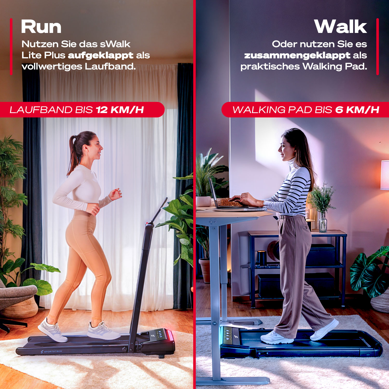 Das Bild zeigt zwei Frauen, die ein Laufband und ein Walking-Pad benutzen. Eine läuft, die andere geht, während sie einen Laptop benutzt.