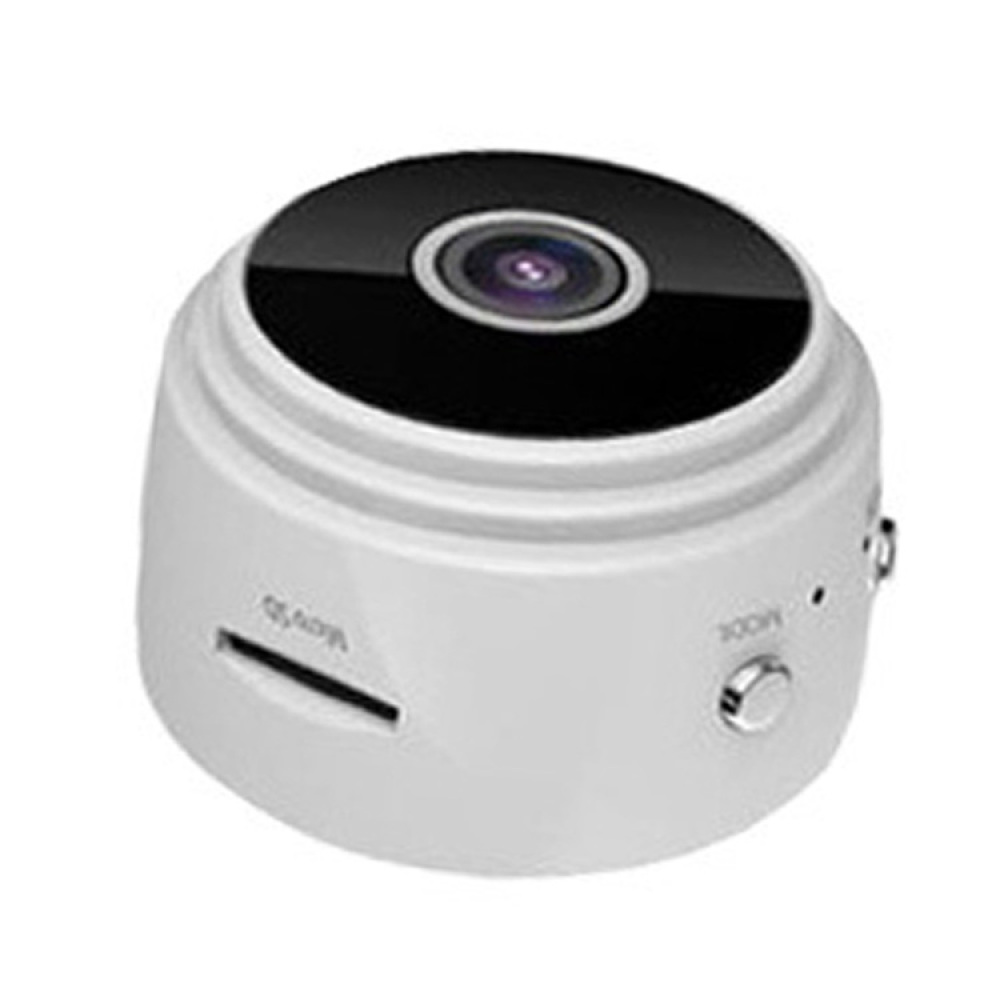 Eine kleine, weiße, runde Überwachungskamera mit schwarzer Oberseite und Linse. Sie hat einen Micro-SD-Kartensteckplatz und eine Modustaste.