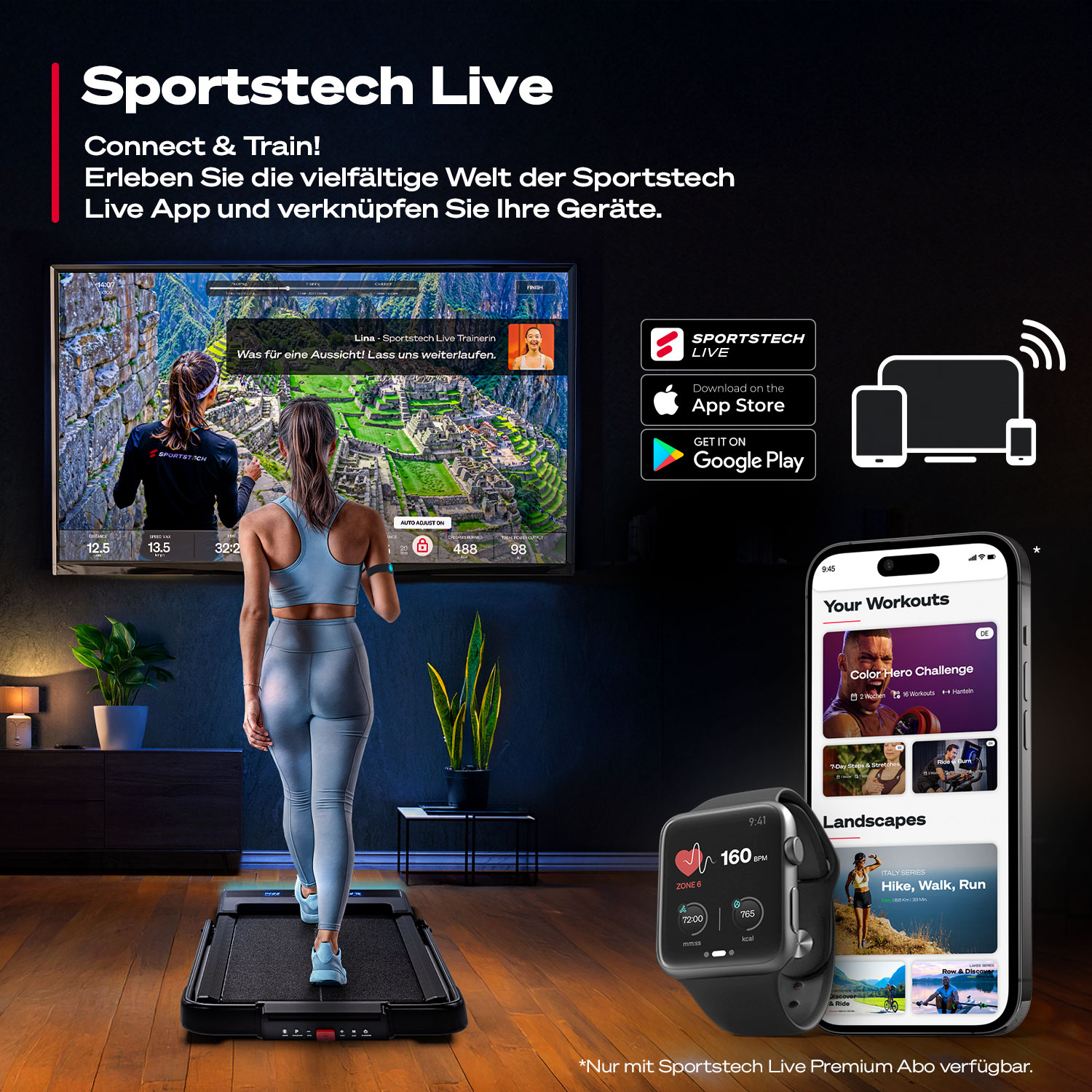 Frau auf Laufband, schaut Fitness-App auf TV. Smartwatch zeigt Herzfrequenz. App-Symbole und Text.