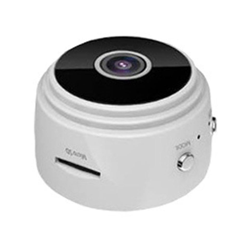 Eine kleine weiße Überwachungskamera mit schwarzer Linse und Modustaste. Sie hat einen Steckplatz für eine Micro-SD-Karte.