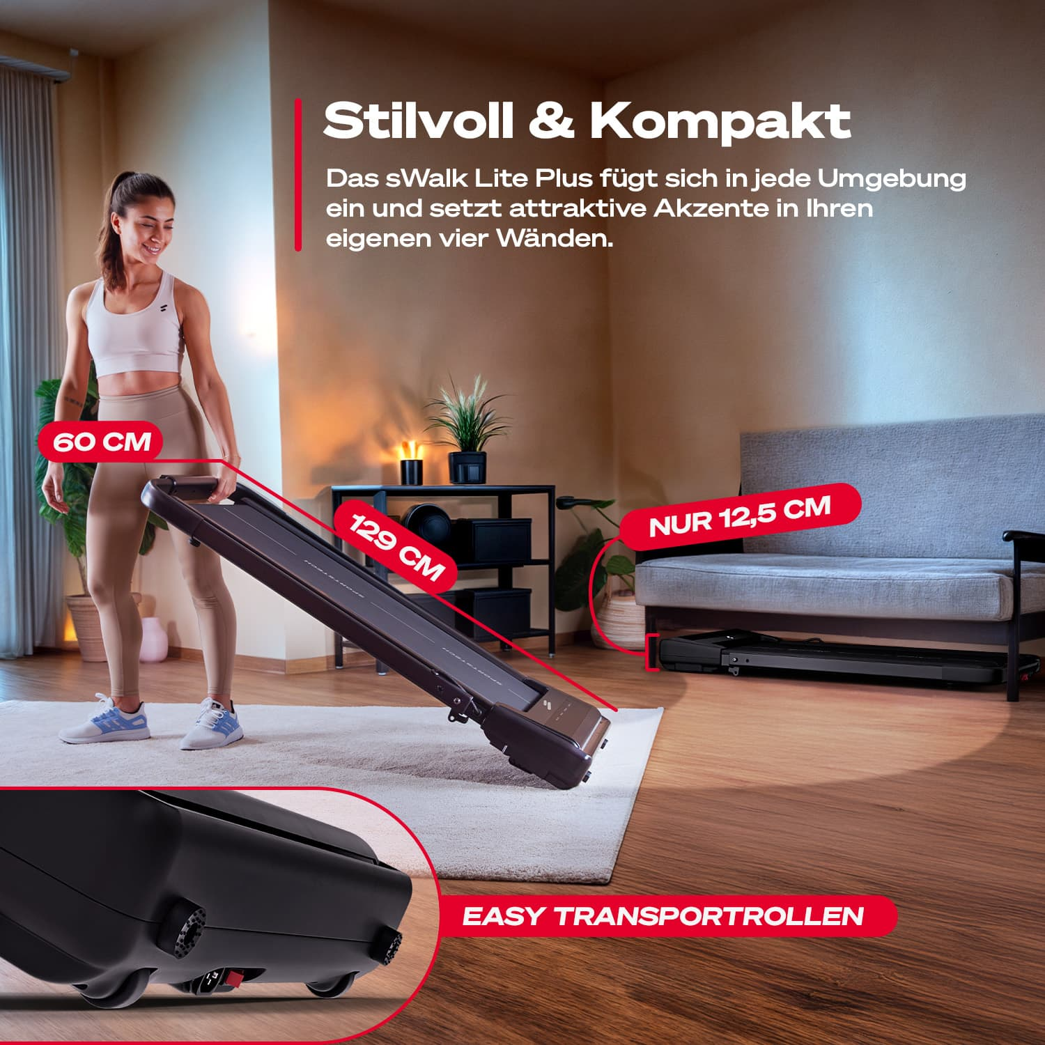 Eine Frau steht mit einem Laufband. Das Laufband ist braun, ausgeklappt und hat Maßangaben. Der Raum hat eine Couch und Holzböden.