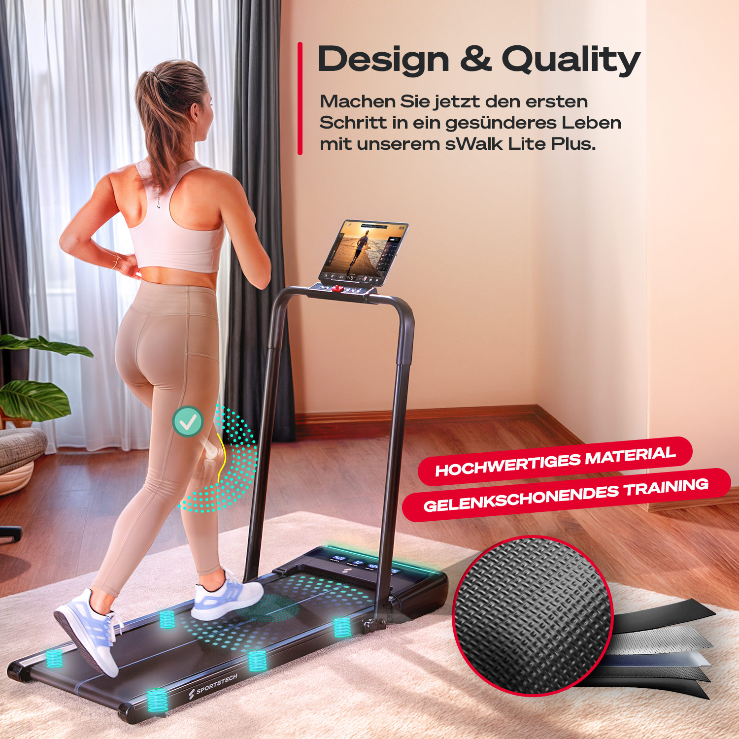 Eine Frau läuft auf einem Laufband. Das Laufband hat einen Bildschirm. Text auf dem Bild lautet: Design & Qualität und sWalk Lite Plus.