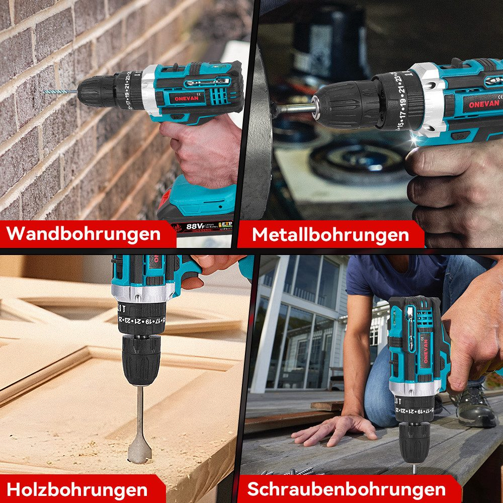 Das Bild zeigt eine Bohrmaschine, die auf Ziegeln, Metall, Holz und zum Schrauben verwendet wird. Die Bohrmaschine ist türkis und schwarz.