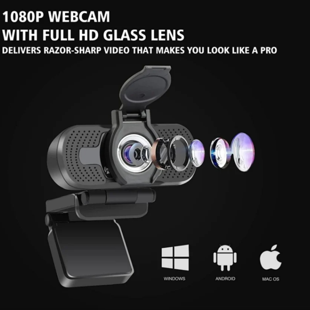 Webcam mit Linsenkomponenten. Text: '1080P Webcam' und OS-Logos. Schwarzer Hintergrund.
