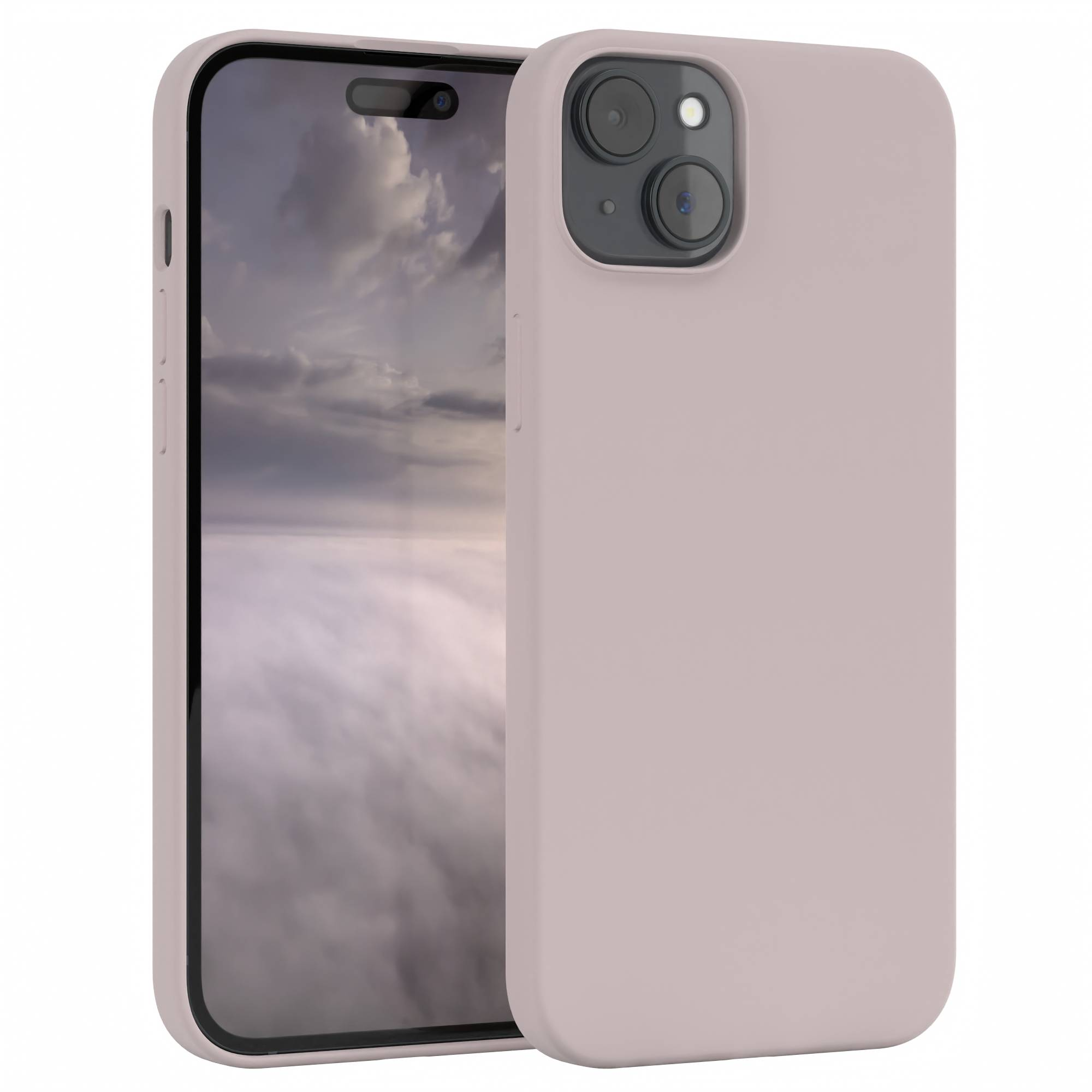 Ein helllila Telefon mit Wolken auf dem Bildschirm. Eine passende Hülle umgibt das Telefon.