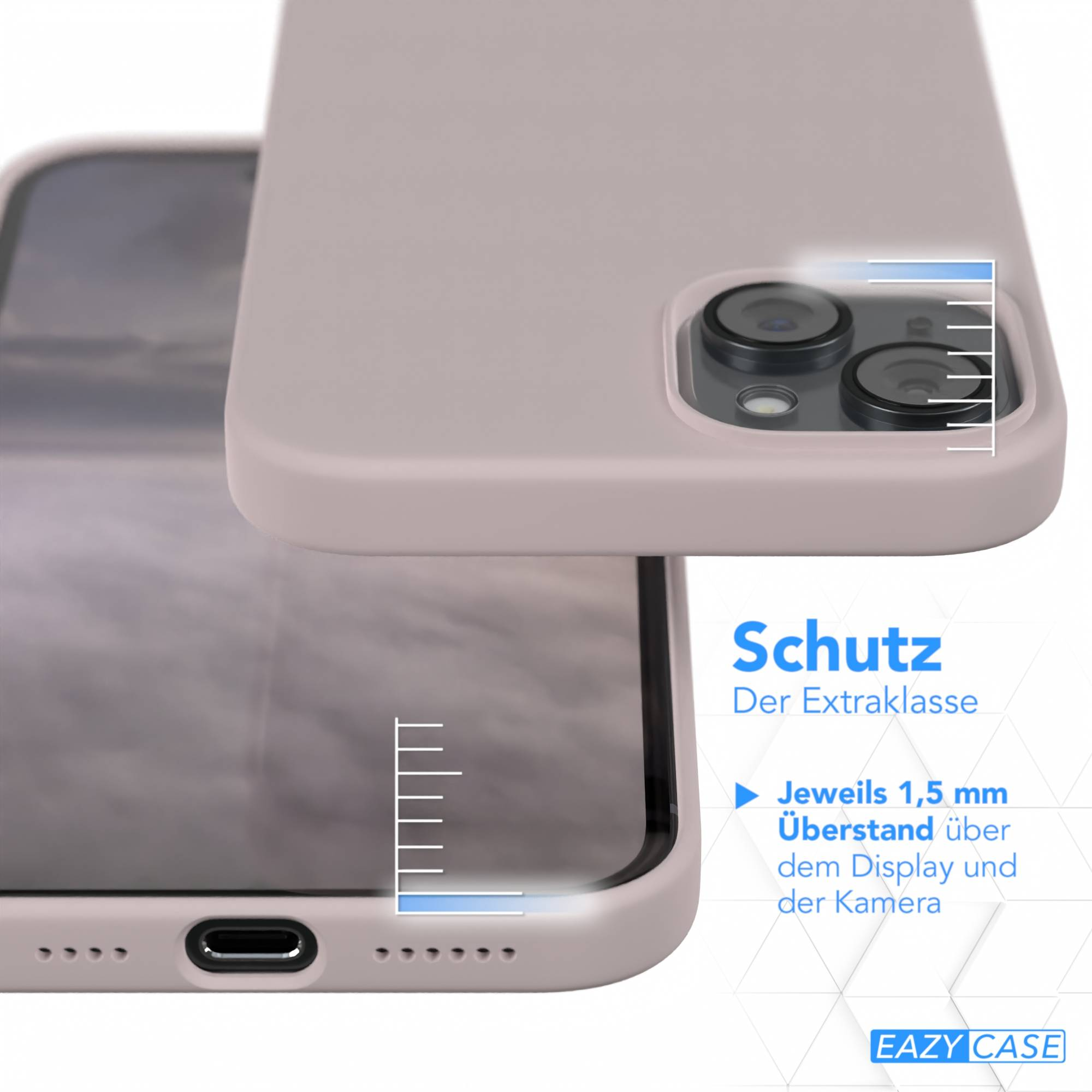 Gezeigte Telefonhülle mit einem Telefon darin. Die Hülle ist hellrosa und hat deutschen Text. Die Hülle schützt das Telefon.