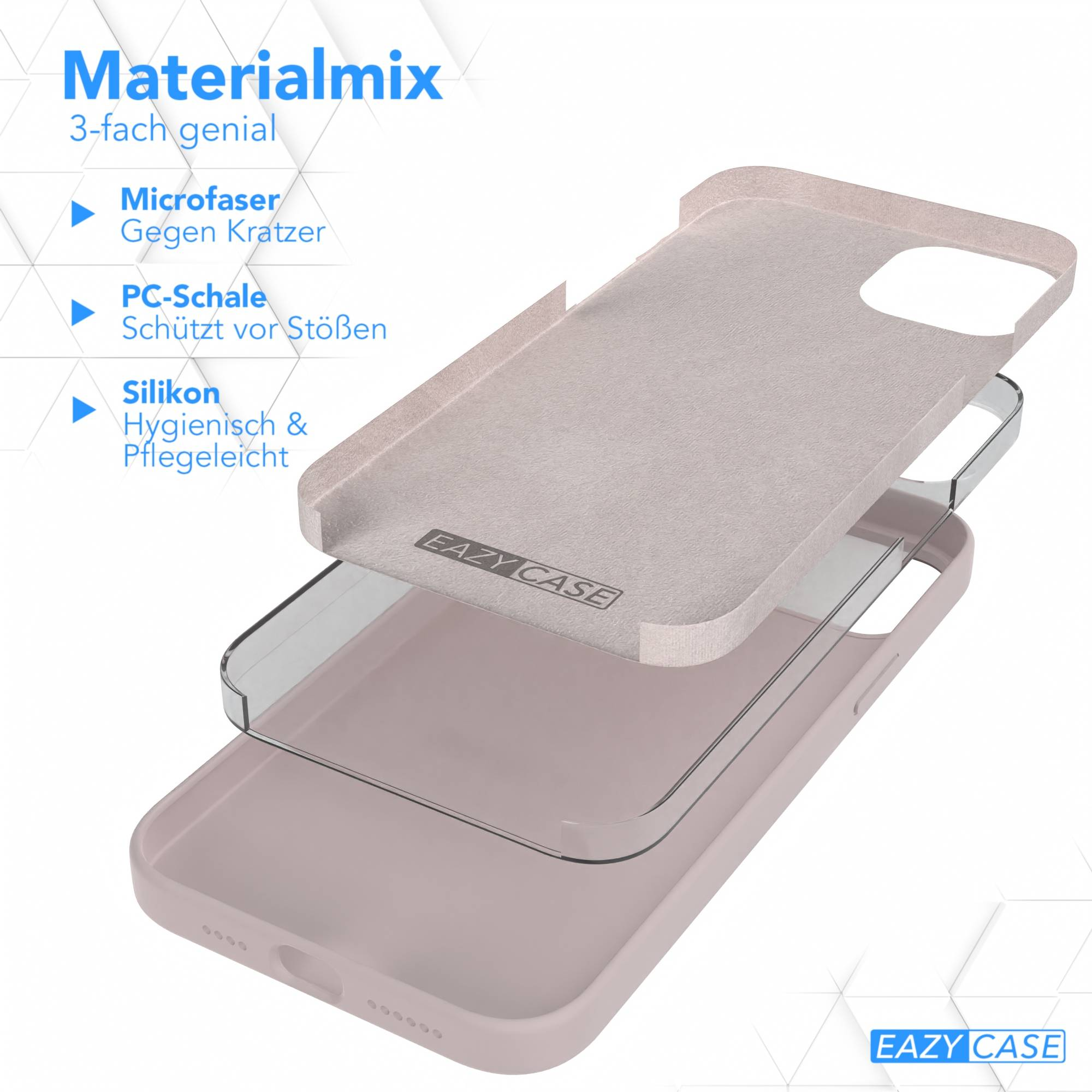 Diagramm einer Handyhülle mit drei Schichten: Mikrofaser, PC-Schale und Silikon. Die Schichten sind hellrosa. Die Marke ist EAZY CASE.