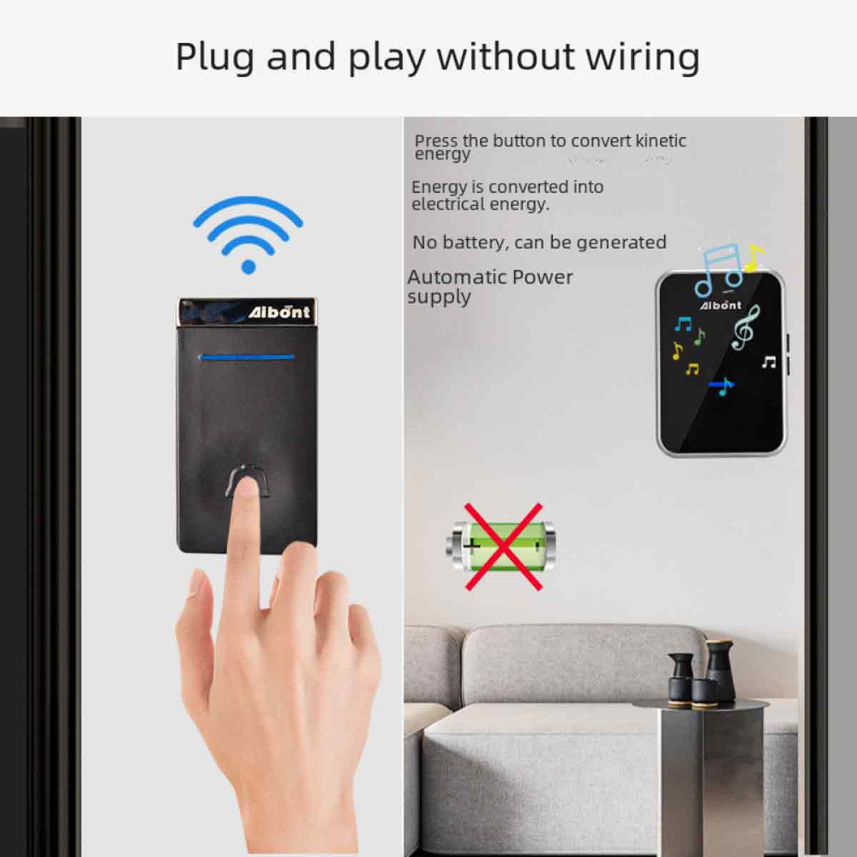 Eine Hand berührt ein schwarzes Gerät. Text: Plug and play ohne Verkabelung. Zeigt ein Funksignal, eine Batterie mit rotem Kreuz.