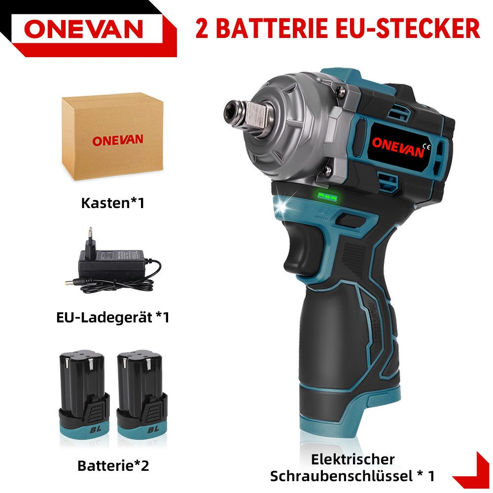 Das Bild zeigt einen elektrischen Schlagschrauber, zwei Batterien, ein Ladegerät und eine Box. Der Markenname ist ONEVAN.