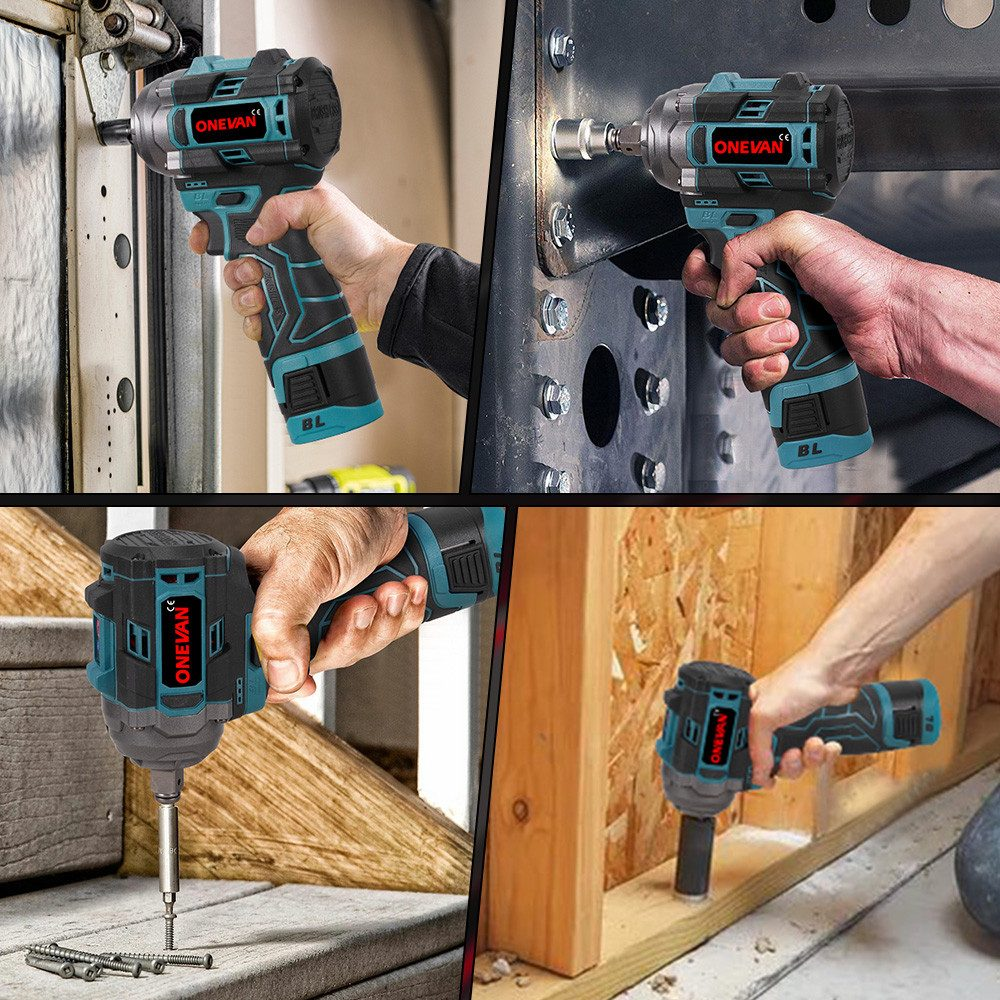 Vier Bilder, die einen teal-farbenen und schwarzen ONEVAN-Schlagschrauber zeigen, der auf verschiedenen Oberflächen verwendet wird: Metall, Holz und eine Metalltür.