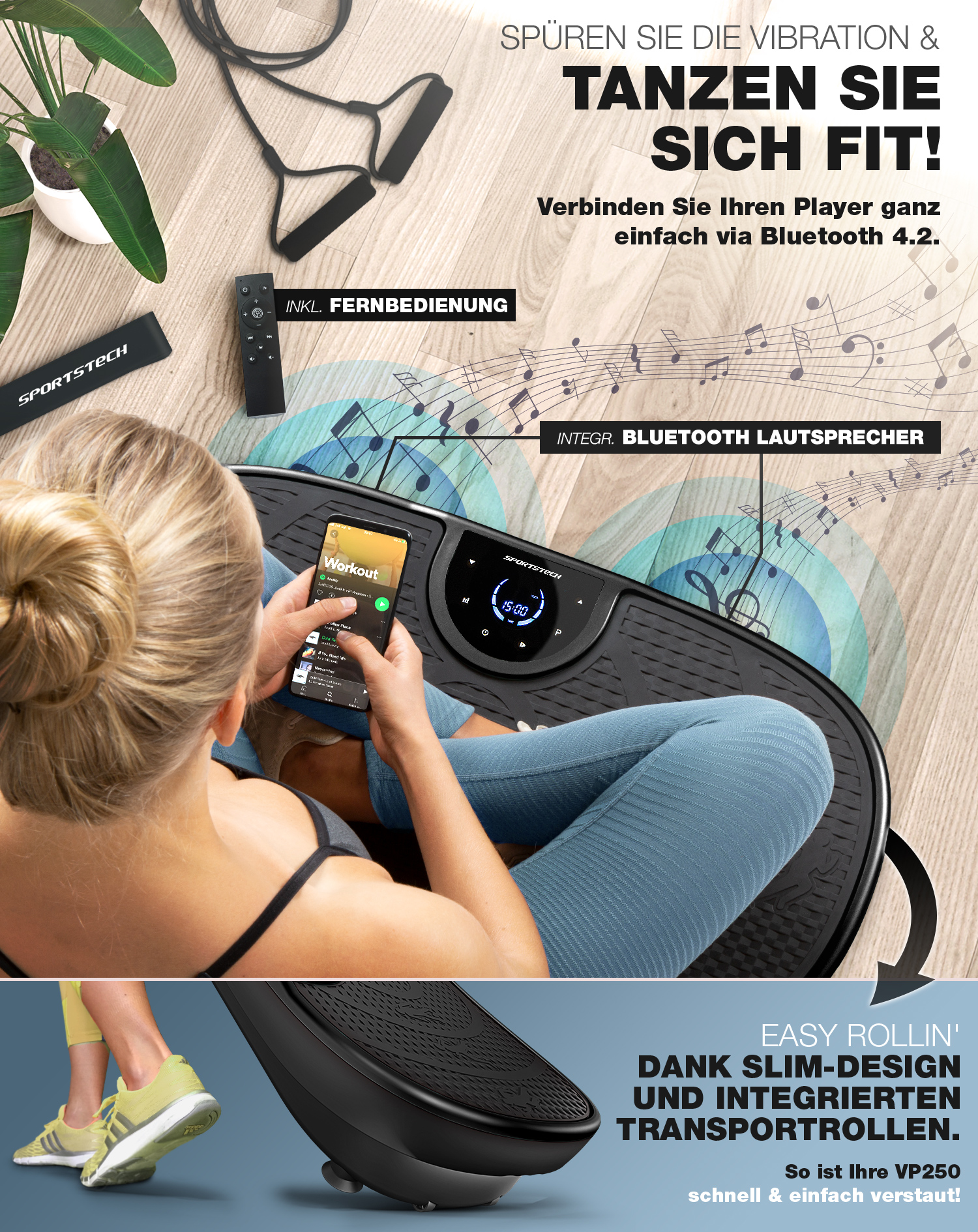 Eine Frau benutzt ein Smartphone auf einer schwarzen Vibrationsplatte. Text sagt: 'Tanzen Sie sich fit!' mit Bluetooth-Lautsprecher und Fernbedienung.