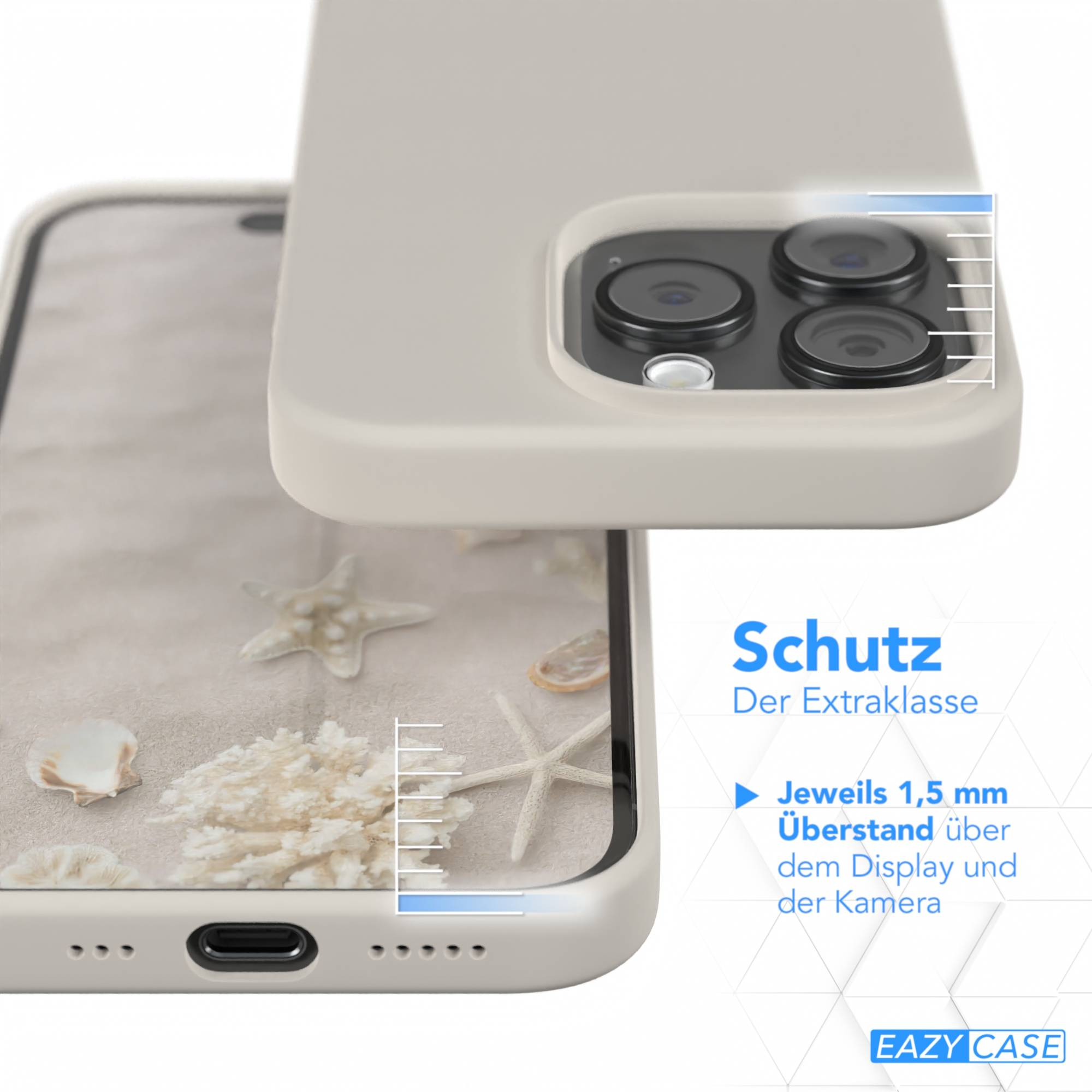 Gezeigt wird eine Handyhülle mit einer Strandszene. Die Hülle hat eine beige Farbe mit Strandelementen.